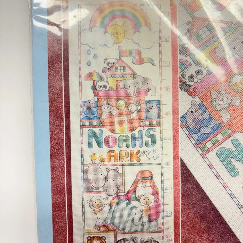 Vintage Bucilla Cross Stitch Kit Baby Growth Chart Noahs Ark 41775 1990s Pastel